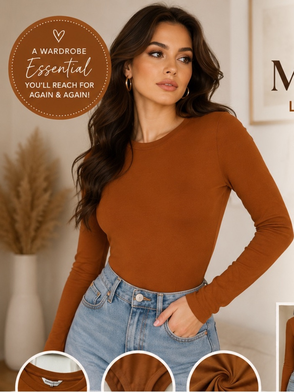 Long Sleeve Bodysuit in Rust Brown – Women's Crewneck